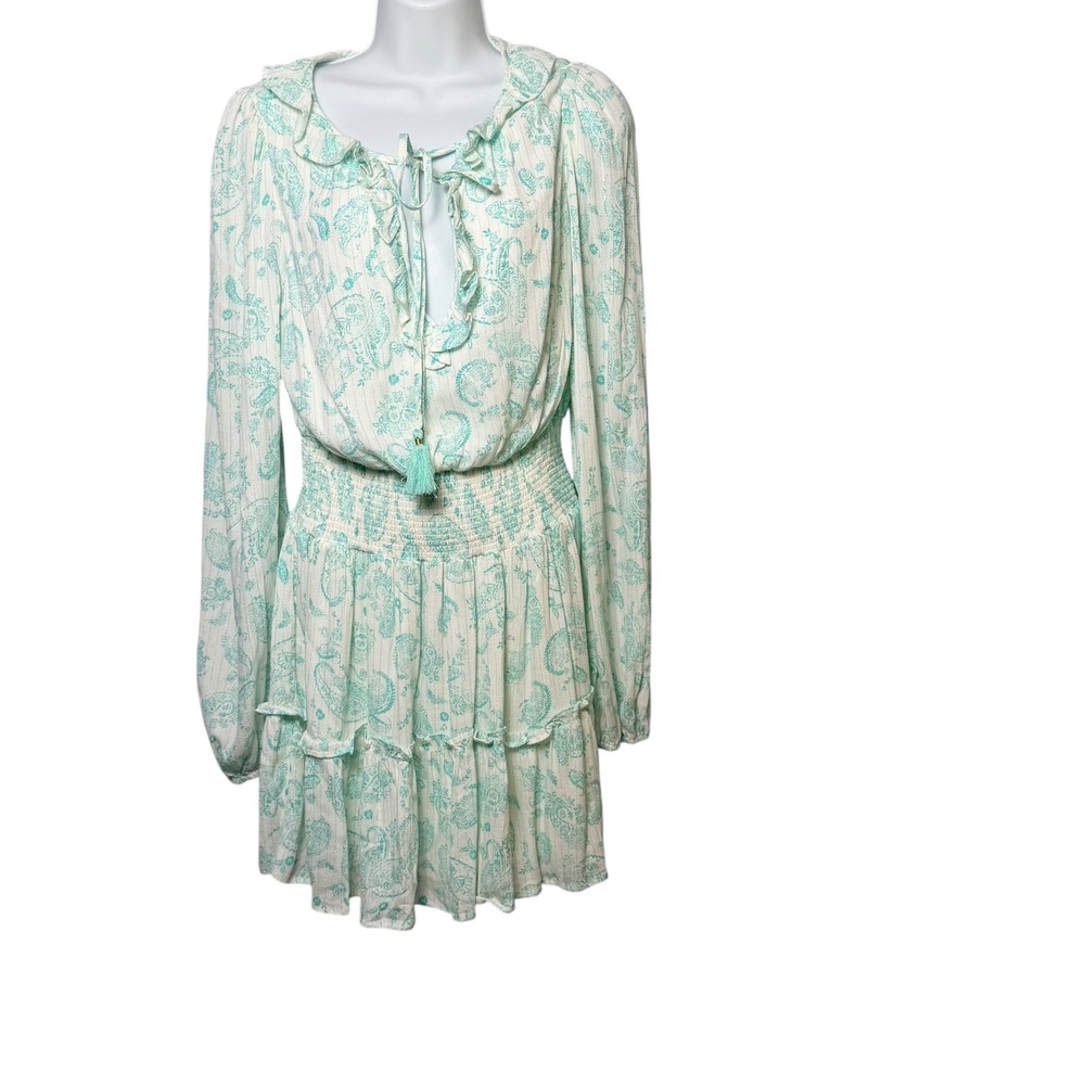 House of Harlow 1960 Mint Green Paisley Smocked Mini Dress Metallic Gold Small